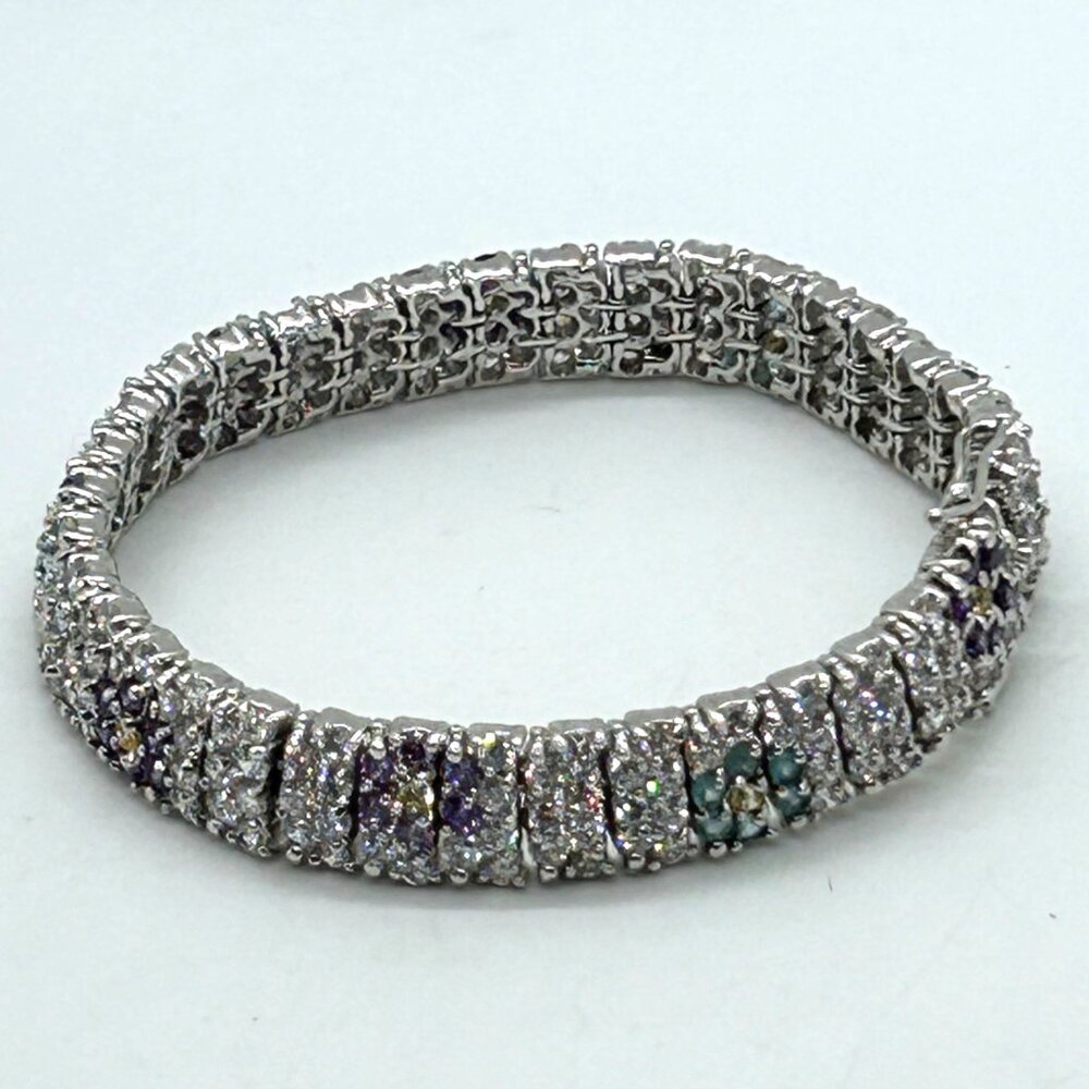 Vintage Rhinestone Tennis Bracelet Multicolor Flower Design W/ Safety Clasp 7.5" - Picture 1 of 16